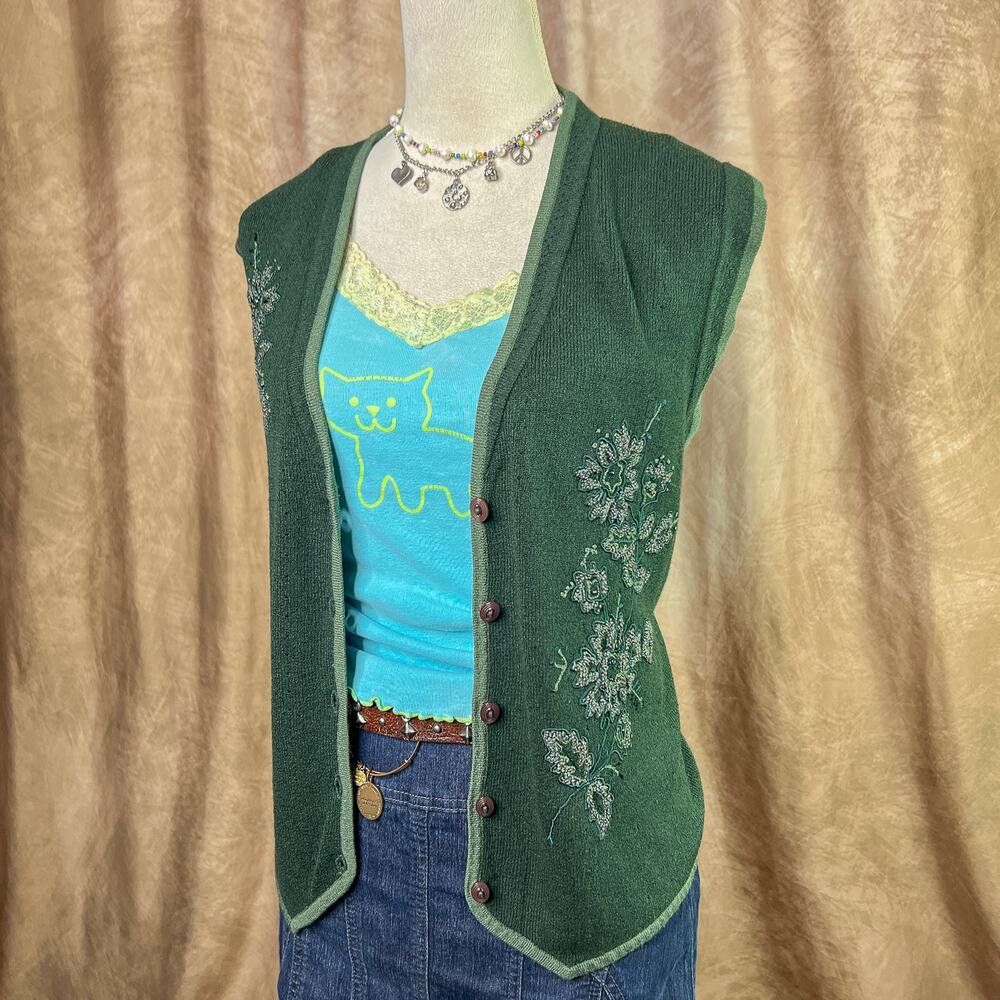 Vintage Floral Vest 90s Embroidered Sleeveless Beaded V Neck Fairy Academia